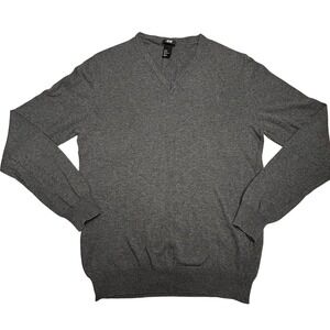 H&M Men's V-Neck Sweater Size M Gray 100% Cotton Lightweight Knit Basic‎